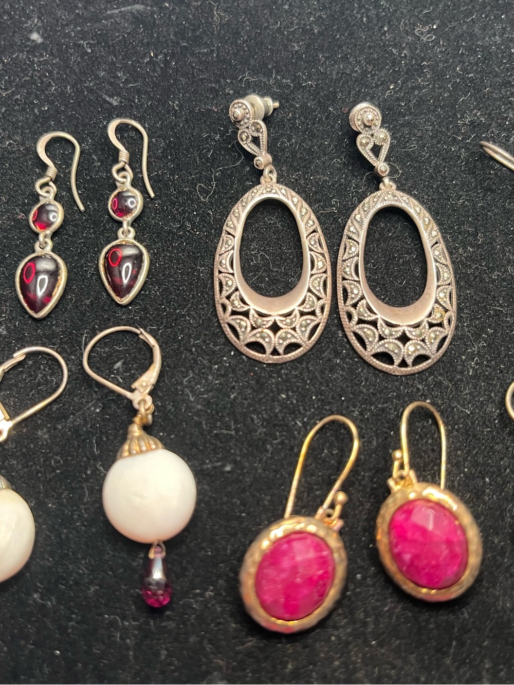 Vintage Lot Of 6 Indian 925 Silver Mix Semi Precious Stone, Dangle Wire Earrings